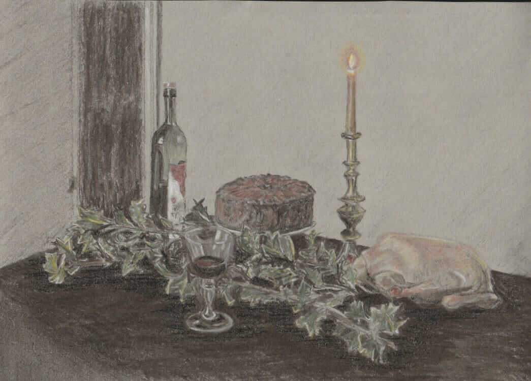 Drawing of old fashioned Christmas food - duck, wine, fruit cake - with candle and holly.