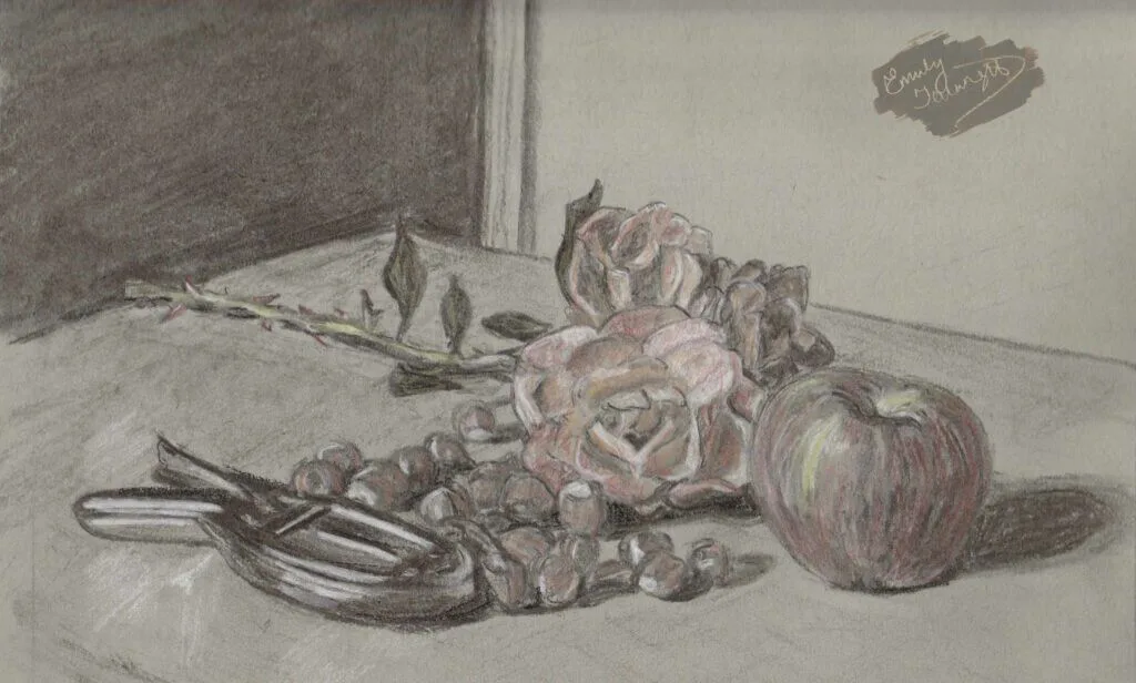 Charcoal, chalk and coloured pencil still life drawing of an apple, orange roses, hazelnuts and nutcrackers lying on a table.