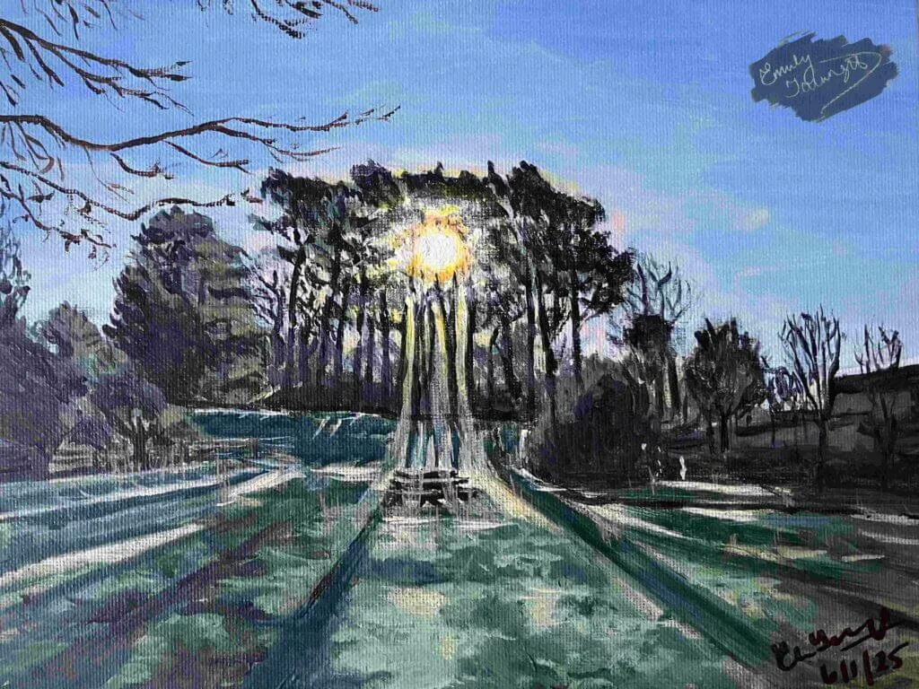 Acrylic painting of sun shining through tall pine trees casting long shadows against blue sky.