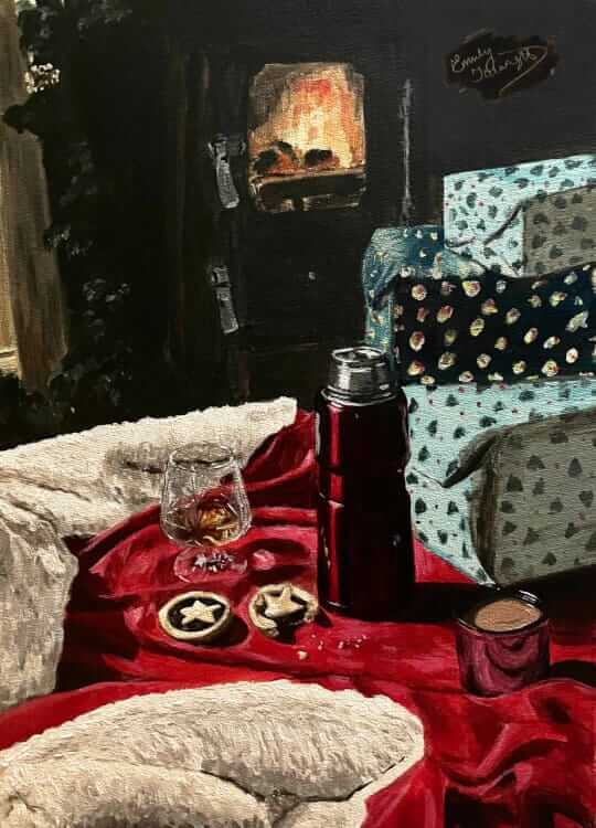 Acrylic still life painting of wood-burning stove with wrapped gifts, a flask of tea, mince pies and a glass of brandy set out in front on top of a red, fur-trimmed cape.