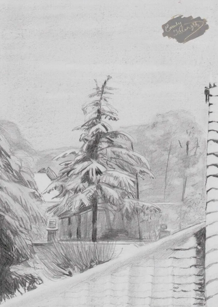 Pencil drawing of a fir tree covered in snow framed by roofs also with snow.