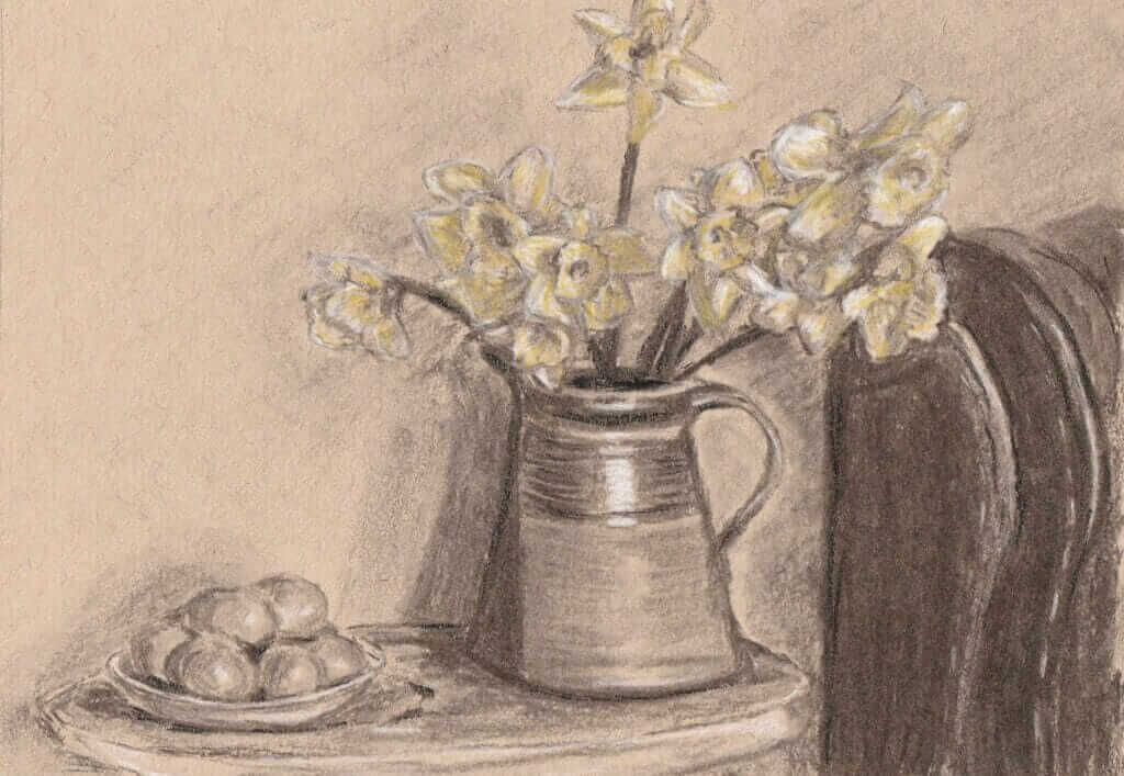 Charcoal, chalk and coloured pencil drawing of daffodils in a jug and a dish of eggs.