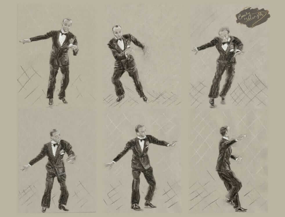 A collection of charcoal drawings of Fred Astaire dancing.