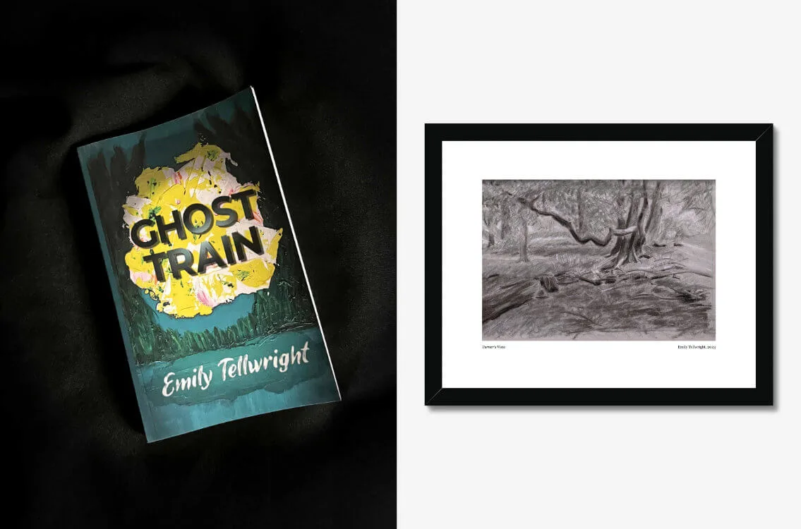 Emily Tellwright's Ghost Train novel and one of her framed art prints