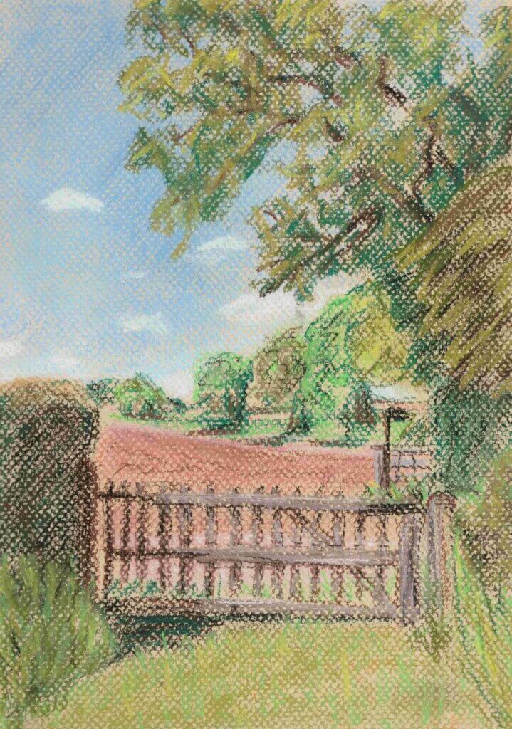 Featured image for the post Don't Mention the War: Memories of World War II. A pastel drawing of the view from St Mary's Church, Kempley.