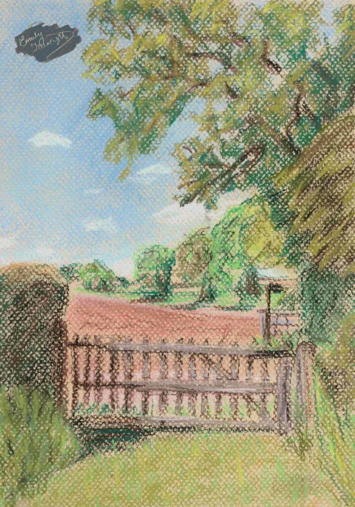 Featured image for the post Don't Mention the War: Memories of World War II. A pastel drawing of the view from St Mary's Church, Kempley.