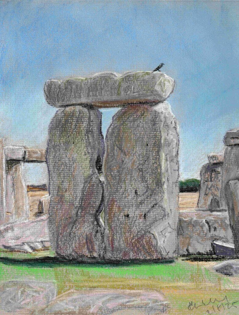 Featured image for The Myths of Classic Crime Fiction: Sunny Summer at Stonehenge by Emily Tellwright. A pastel drawing.