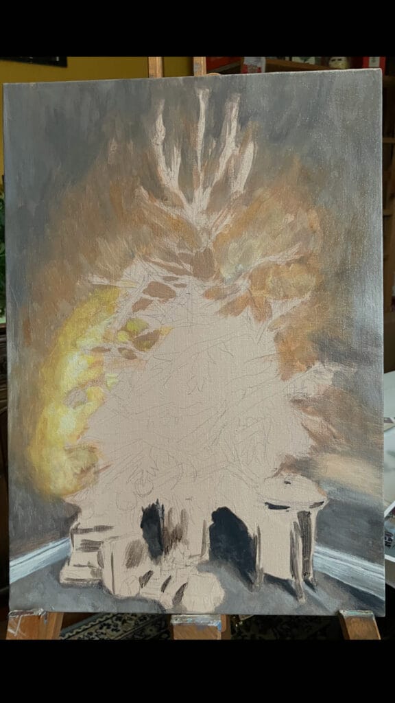 Canvas with the background of a painting completed and the foreground blank