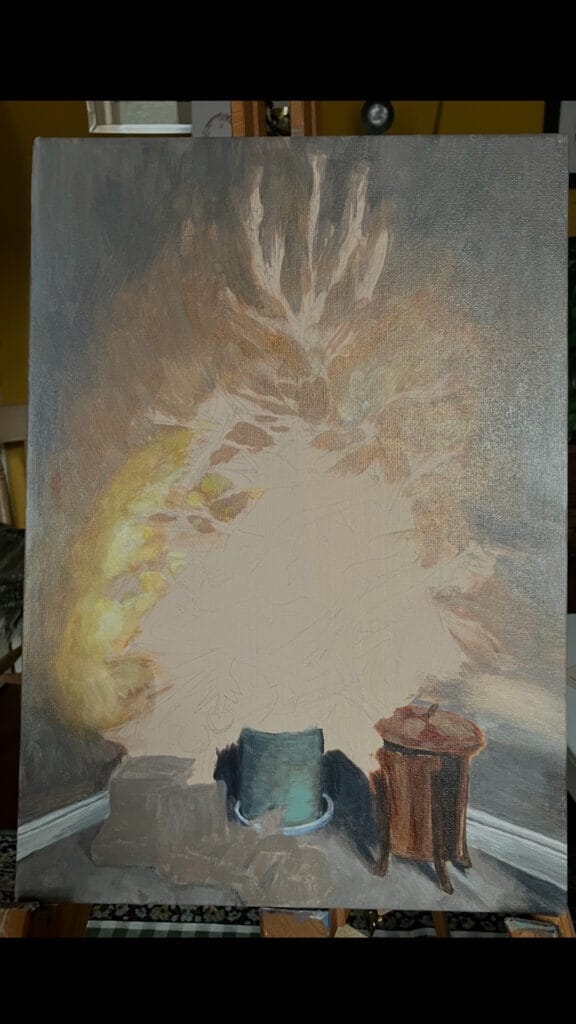 Canvas with the background of a painting completed and the foreground blank