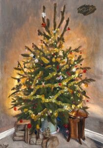Festive art featured image: an acrylic painting of a Christmas tree by Emily Tellwright
