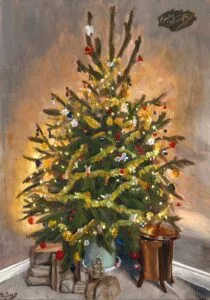 Festive art featured image: an acrylic painting of a Christmas tree by Emily Tellwright