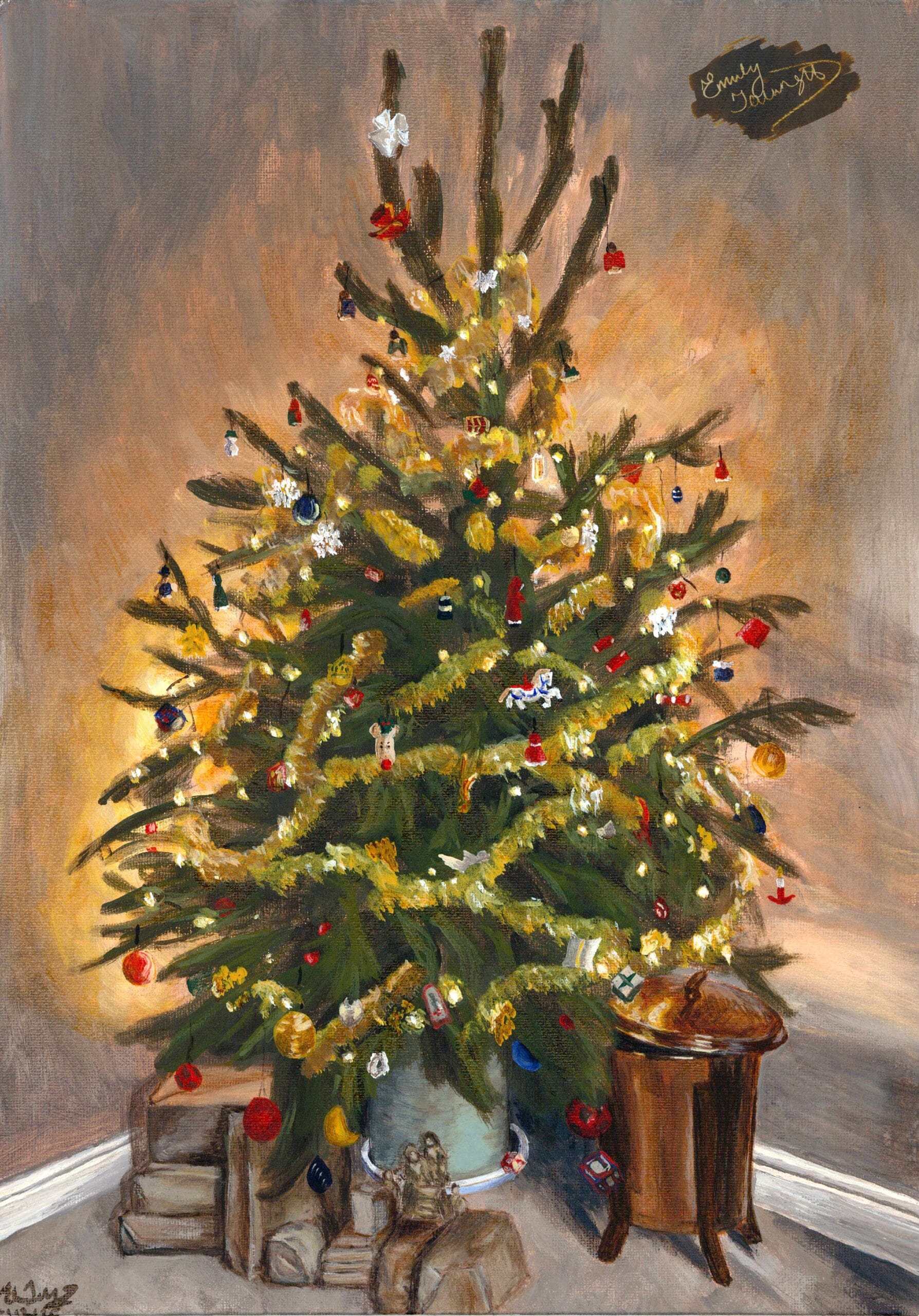Festive art featured image: an acrylic painting of a Christmas tree by Emily Tellwright