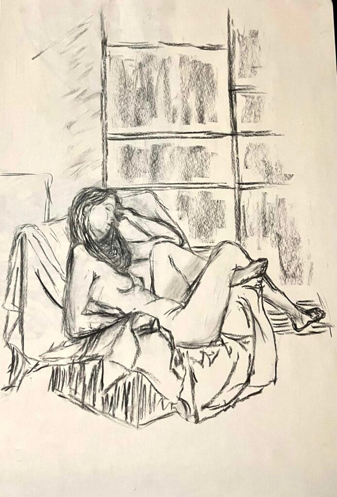 Drawing of a nude woman showing early art style of Emily tellwright