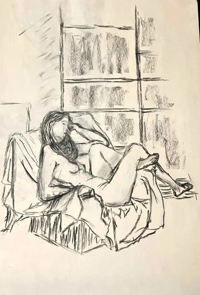 Drawing of a nude woman showing early art style of Emily tellwright